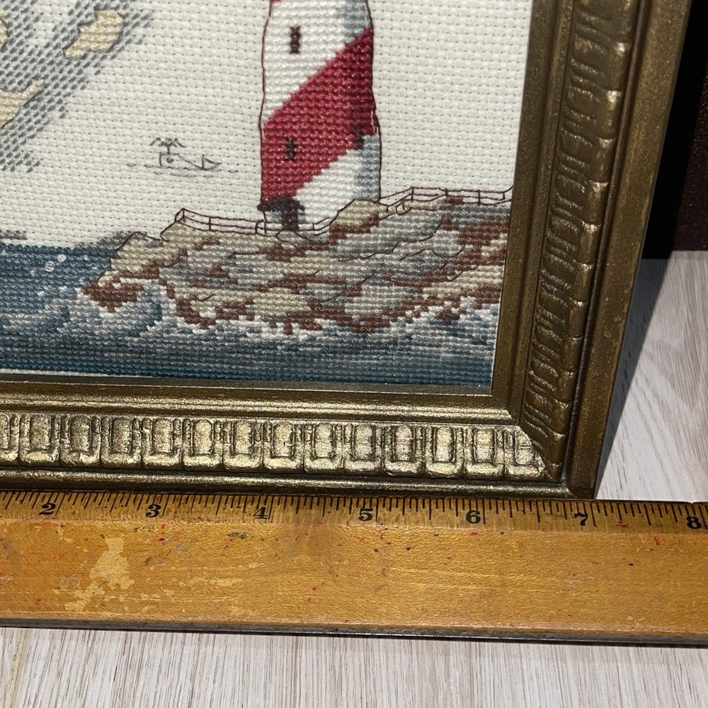Framed Finished Cross Stitch Art Piece Lighthouse Map Coastal Nautical 9x7 - Picture 5 of 6